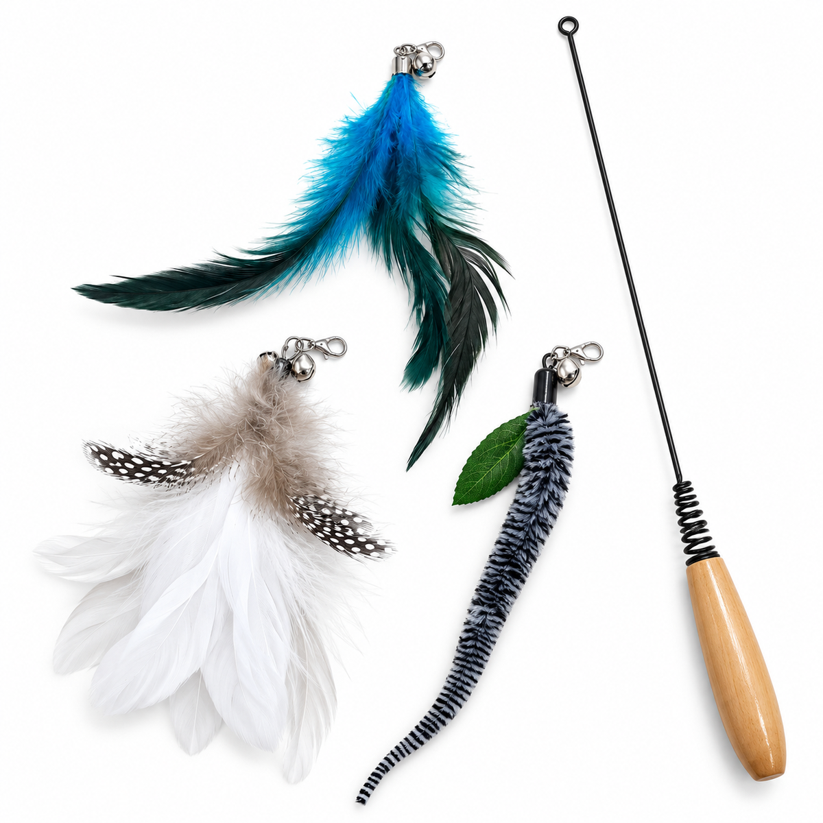 HappyNest™ Interactive Feather Cat Teaser Wand with Solid Wood Handle (3 Assorted Styles)