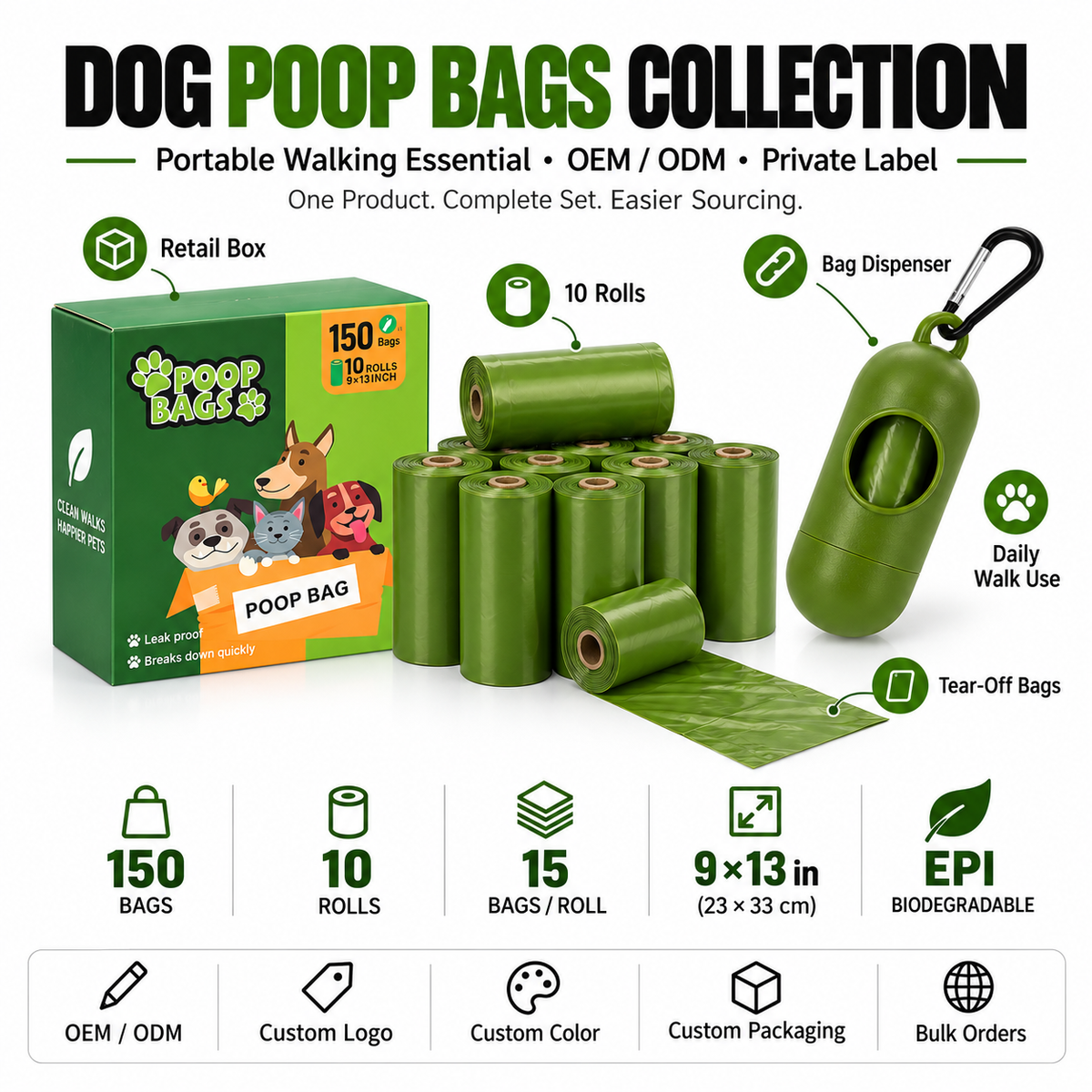 HappyNest™ Eco-Friendly Dog Poop Bags with Dispenser - 150 Bags (10 Rolls), Leak-Proof & Thick Pet Waste Bags, Easy Tear-Off