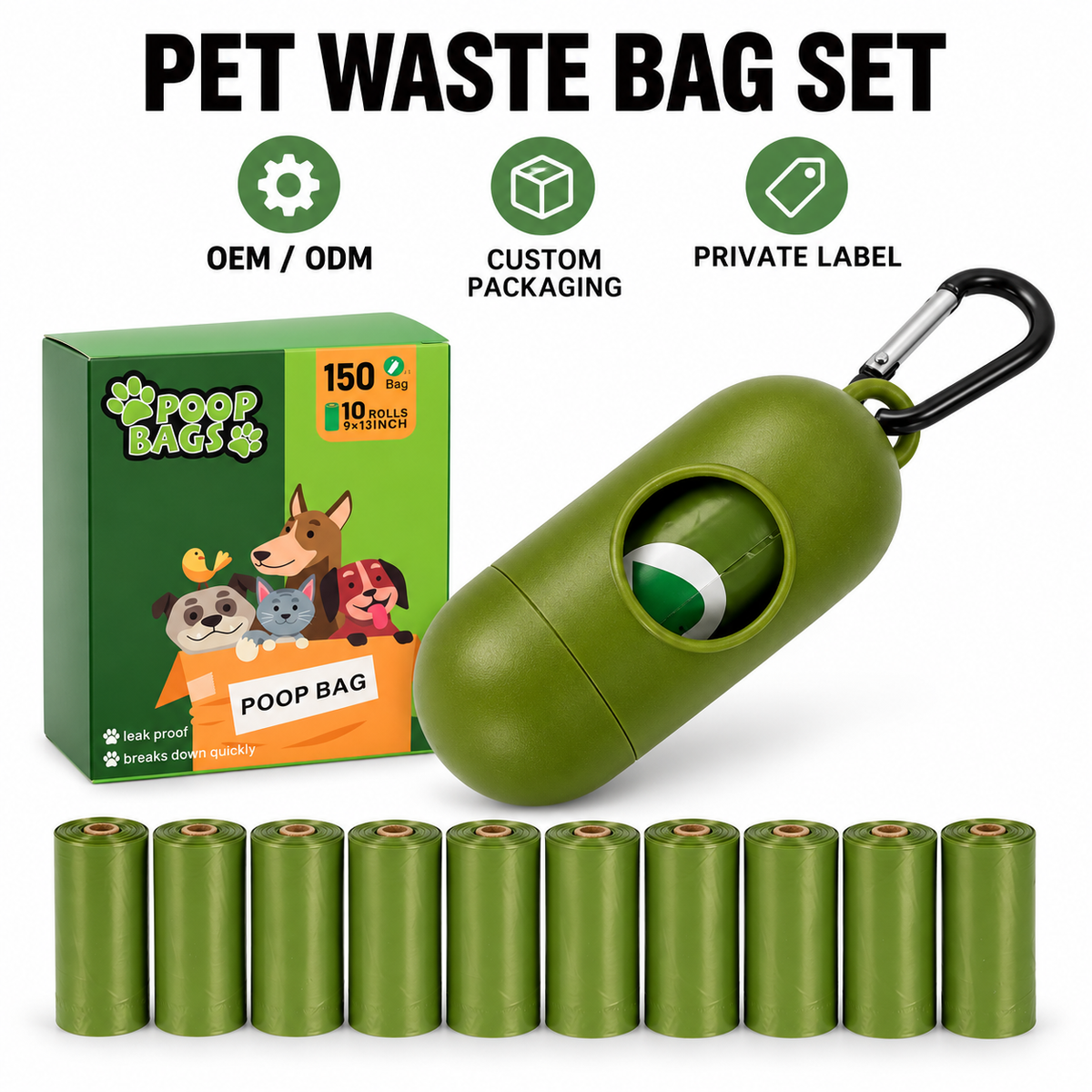 HappyNest™ Eco-Friendly Dog Poop Bags with Dispenser - 150 Bags (10 Rolls), Leak-Proof & Thick Pet Waste Bags, Easy Tear-Off