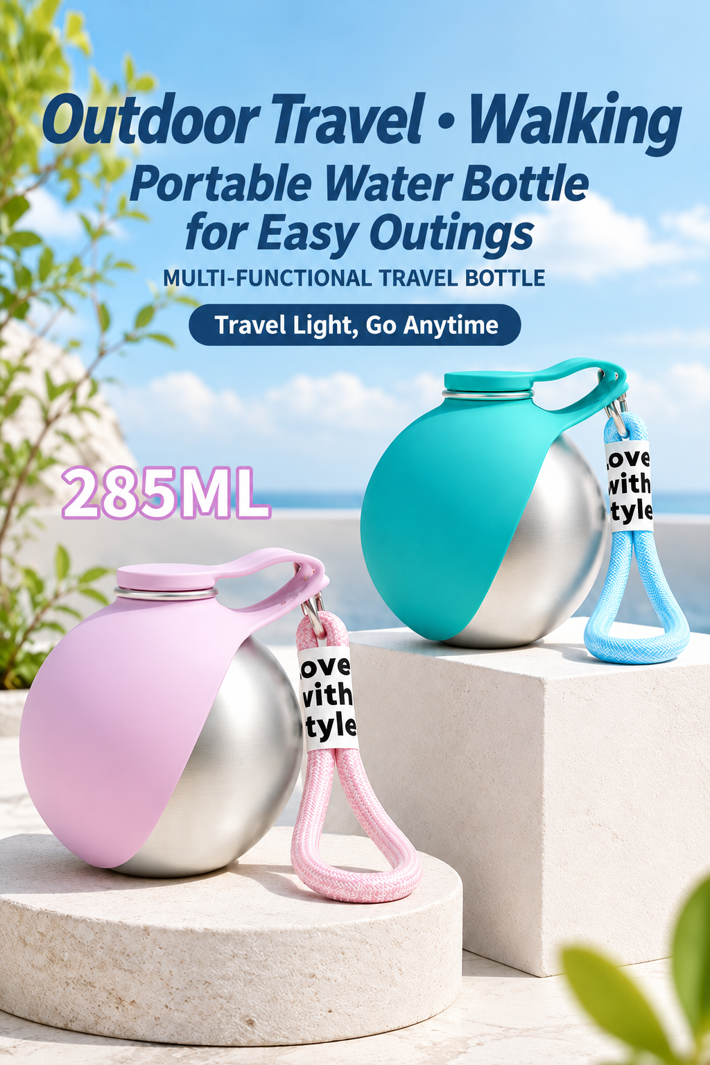 HappyNest™ Portable Pet Travel Water Bottle - 285ml 304 Stainless Steel Bottle with Foldable Food-Grade Silicone Bowl