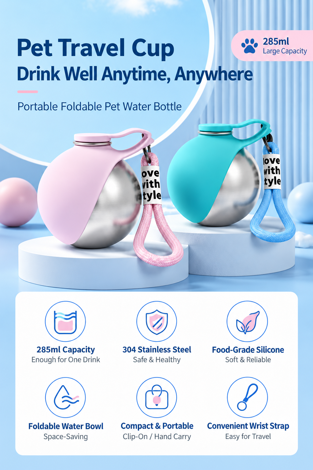 HappyNest™ Portable Pet Travel Water Bottle - 285ml 304 Stainless Steel Bottle with Foldable Food-Grade Silicone Bowl