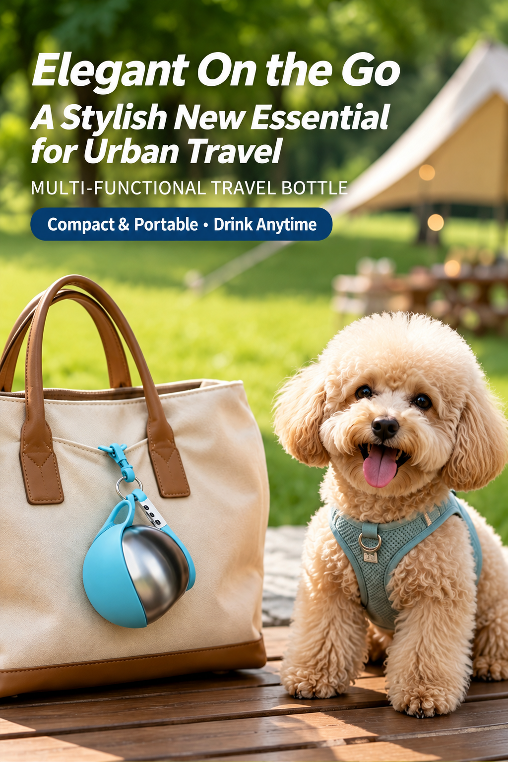 HappyNest™ Portable Pet Travel Water Bottle - 285ml 304 Stainless Steel Bottle with Foldable Food-Grade Silicone Bowl