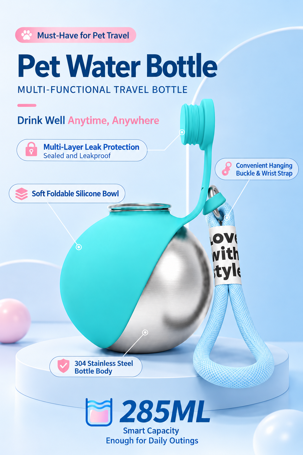 HappyNest™ Portable Pet Travel Water Bottle - 285ml 304 Stainless Steel Bottle with Foldable Food-Grade Silicone Bowl