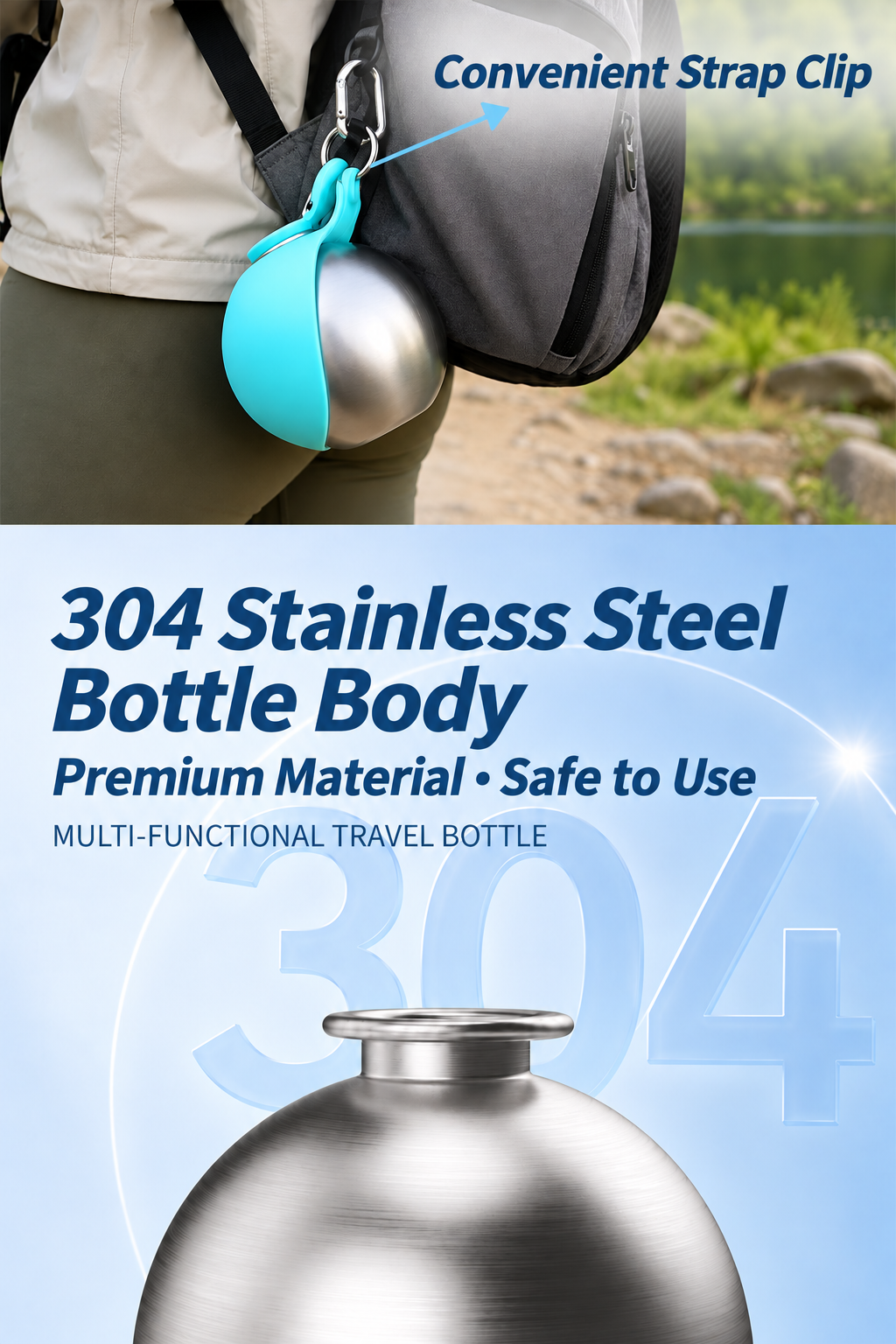 HappyNest™ Portable Pet Travel Water Bottle - 285ml 304 Stainless Steel Bottle with Foldable Food-Grade Silicone Bowl